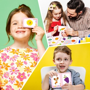 Toddler learning flashcards with rounded corners showing father and child educational interaction