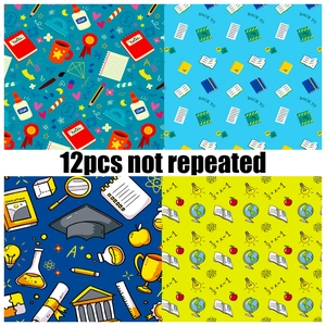Detailed view of 12 non-repeated school themed scrapbooking papers with vibrant icons