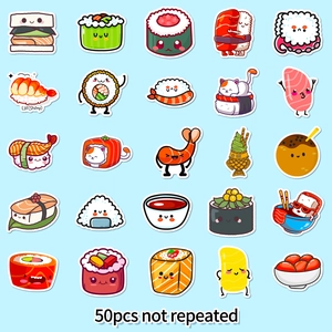 Set of 50 cute Kawaii sushi graffiti stickers for kids featuring salmon and rice balls