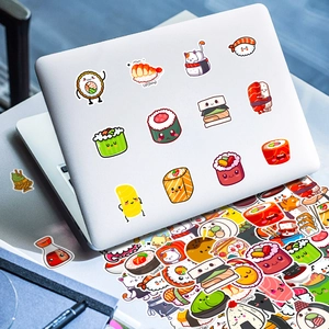 Detail of waterproof sushi graffiti stickers applied on a white laptop surface