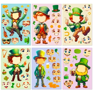 Set da 6 adesivi fai da te leprechaun di San Patrizio con trifogli e monete d'oro