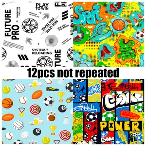 Lot de 12 papiers créatifs colorés avec motifs de ballons de sport et textes variés