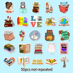 50pcs waterproof PVC book theme stickers featuring colorful reading illustrations and quotes