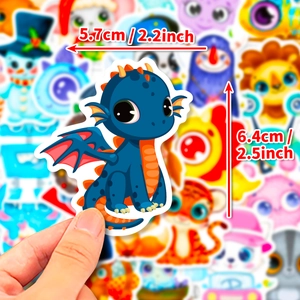 Cartoon cute blue dragon sticker for kids water bottles showing 2.2x2.5 inch dimensions