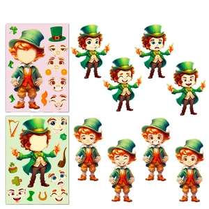 Set da 6 adesivi fai-da-te Leprechaun per San Patrizio con varie espressioni e trifogli