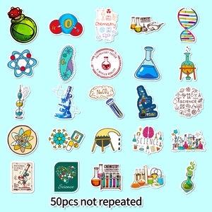 50pcs non-repeating science lab stickers featuring chemistry beakers and DNA for kids
