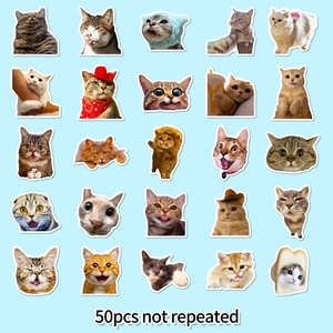 Set of 50 unique cute cartoon cat stickers featuring diverse funny facial expressions