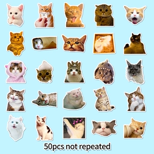 Set of 50 unique cute cat meme stickers featuring funny feline expressions and shark hats