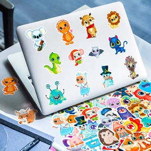 Vibrant cartoon animal stickers decorated on a silver laptop with waterproof PVC finish