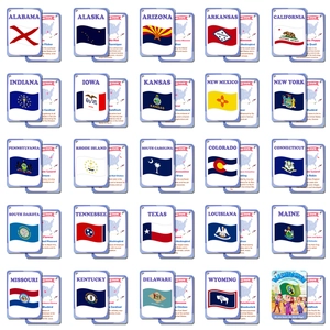 Educational USA state flashcards for kids with flags and geographic maps set of 50
