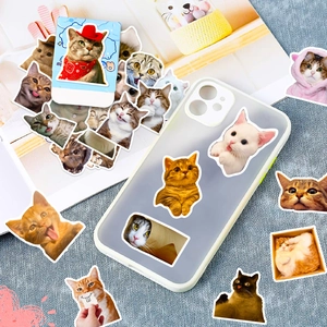 Close-up of cute cartoon cat stickers on a translucent matte phone case and magazine