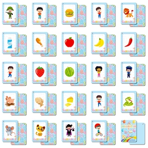 Set of double-sided educational flashcards for kids with cartoon illustrations and words