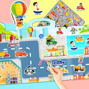 Reusable vehicle theme jelly sticker book with city, ocean, and construction scenes