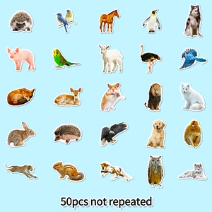 Set of 50 non-repeating realistic animal stickers for scrapbooking and decoration