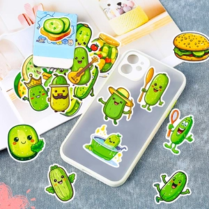 Close-up of cute cartoon pickle stickers on a phone case for creative decoration