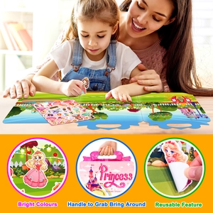 Reusable princess jelly sticker book with foldable scene board and portable handle for kids