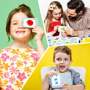Close-up of children's English learning cards showing colorful illustrations and words