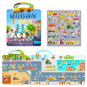 Wiederverwendbares Fahrzeug-Stickerbuch für Kinder mit Tragegriff und Stadt-Szenenbrett