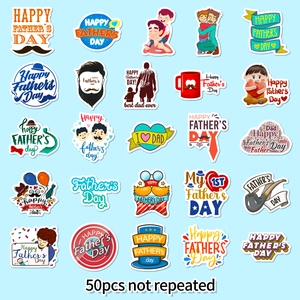 50pcs Happy Father's Day cartoon stickers with best dad ties and hearts on blue background