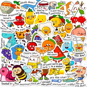 Detailed view of colorful animal pun stickers for laptops and water bottles decoration
