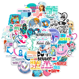 Close-up of nurse-themed decorative stickers featuring cartoon nurses and medical symbols