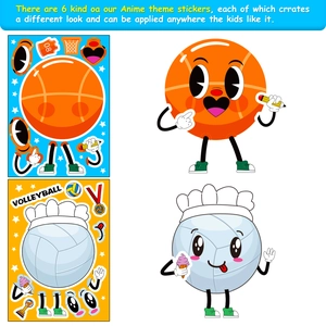 6 feuilles de stickers DIY thèmes sportifs pour enfants avec motifs basketball et volleyball