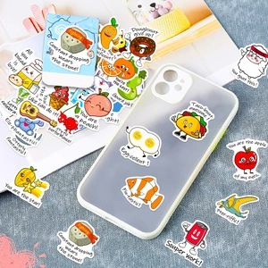 Close-up of waterproof cartoon animal pun stickers decorating a clear phone case