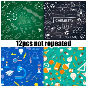 Set of 12 non-repeating science themed decorative papers with chemistry and DNA patterns