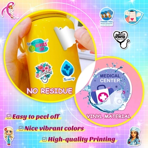 Waterproof vinyl nurse stickers shown on a water bottle with vivid medical icons