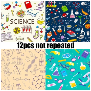 Set of 12 non-repeated science themed decorative stickers with laboratory patterns