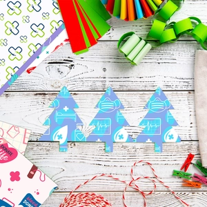 Papier de scrapbooking thème médical avec formes d'arbres et accessoires de ficelle