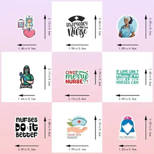 Size chart for 50pcs Nurse Day stickers showing various nurse themes and medical icons