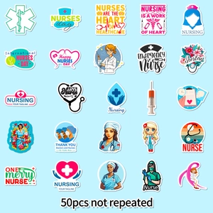 50pcs unique nurse themed cartoon stickers with medical symbols on light blue background