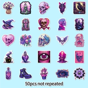 50pcs purple Gothic stickers set with skulls and witch elements on blue background