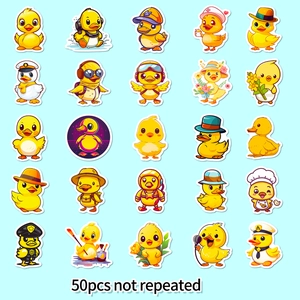 Set of 50 waterproof yellow duck cartoon stickers for luggage and laptops with varied designs