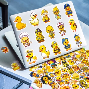 Waterproof cartoon yellow duck stickers with various professional designs on a laptop