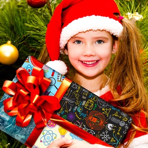 Science-themed wrapping paper detail featuring physics formulas and hand-drawn diagrams
