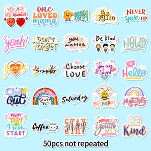 Pack of 50 colorful motivational English quote stickers with unique cartoon designs
