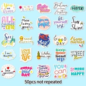 Set of 50 non-repeating inspirational English quote stickers for water bottles and laptops