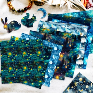 Artistic Van Gogh style starry sky scrapbooking paper and die-cut animal shapes for DIY