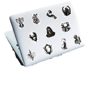 50pcs black and white gothic punk stickers with skull and snake designs on laptop