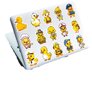 50pcs waterproof yellow duck cartoon stickers featuring various professional outfits on a laptop