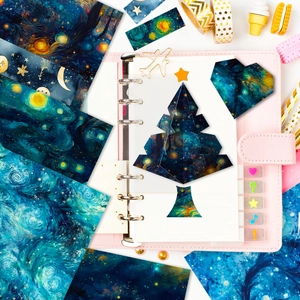 Macro view of Van Gogh style starry sky aesthetic scrapbooking paper and stickers set