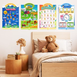 Detail of 4 educational posters showing space, animals, alphabet and clock in kids room
