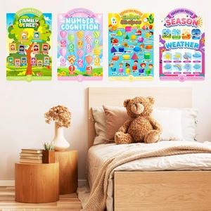 Educational posters for children showing family tree, numbers, shapes and seasons on wall