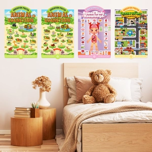 Educational wall posters for kids showing animals, human body and occupations in a bedroom