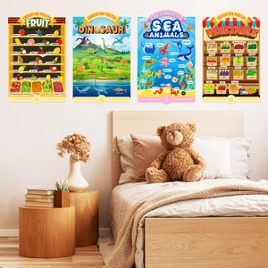 Educational wall posters for kids showing fruits, dinosaurs and ocean life in nursery