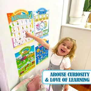 Toddler learning from colorful cartoon alphabet and universe educational wall posters