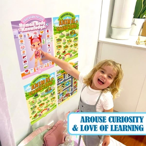 Close-up of educational posters for children featuring human anatomy and animal cognition