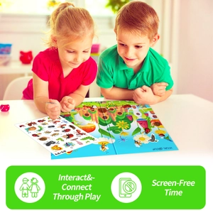 Children's interactive insect sticker book with colorful forest play scene and decals
